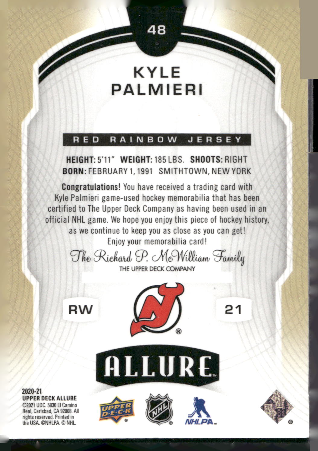 2020-21 Upper Deck Allure #48 Kyle Palmieri Red Rainbow Jersey