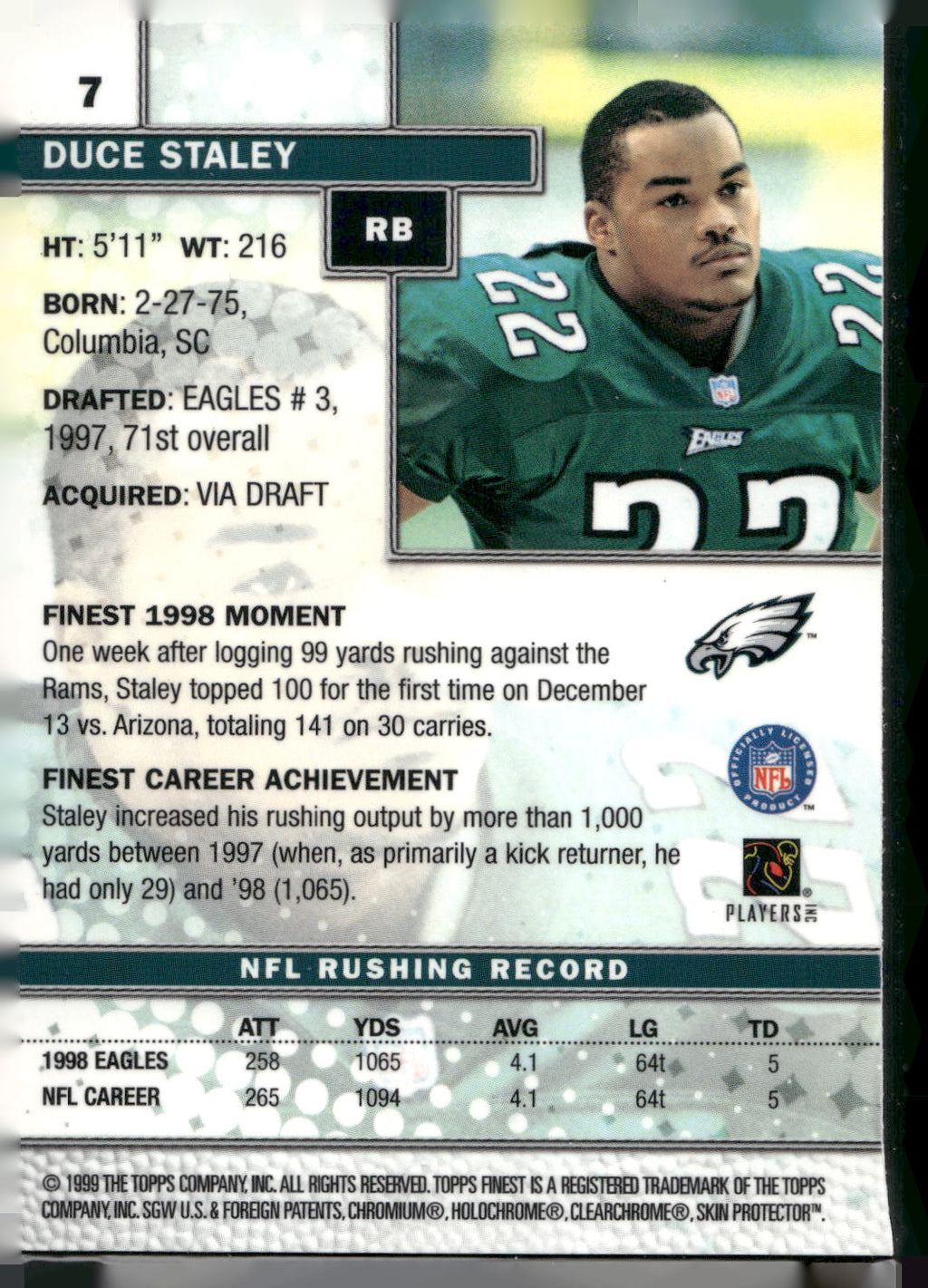 1999 Finest #7 Duce Staley