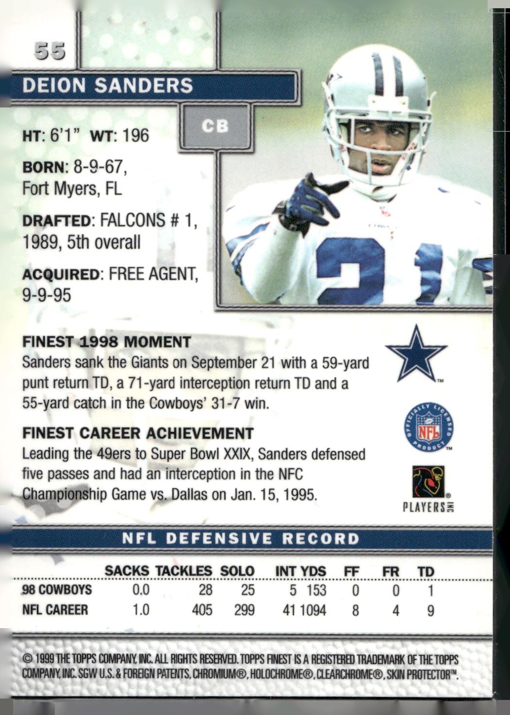 1999 Finest #55 Deion Sanders