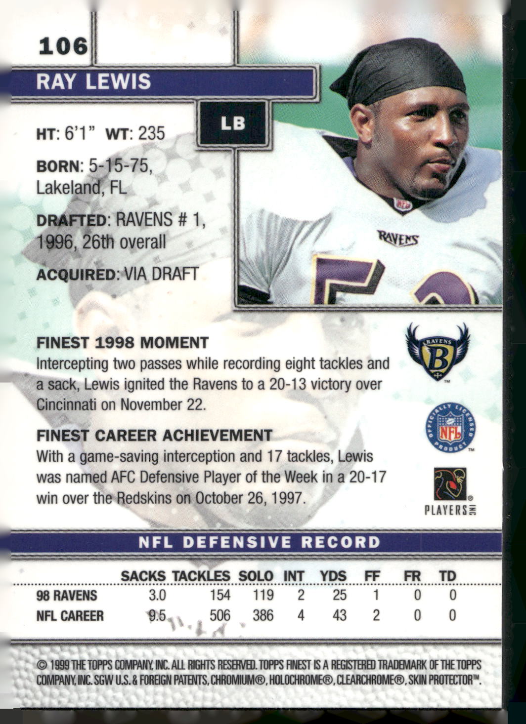 1999 Finest #106 Ray Lewis