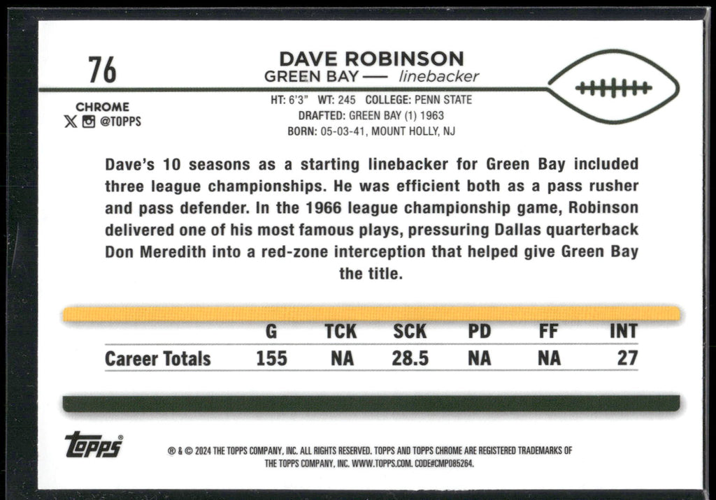 2024 Topps Chrome #76 Dave Robinson Sepia Refractor