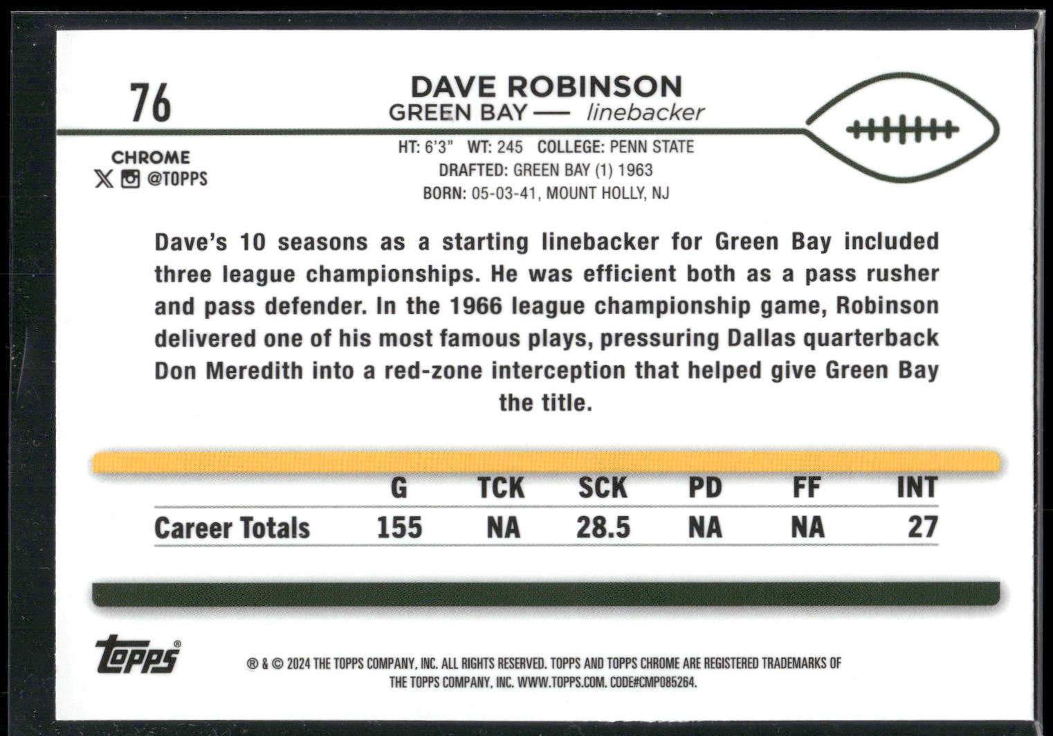 2024 Topps Chrome #76 Dave Robinson Sepia Refractor