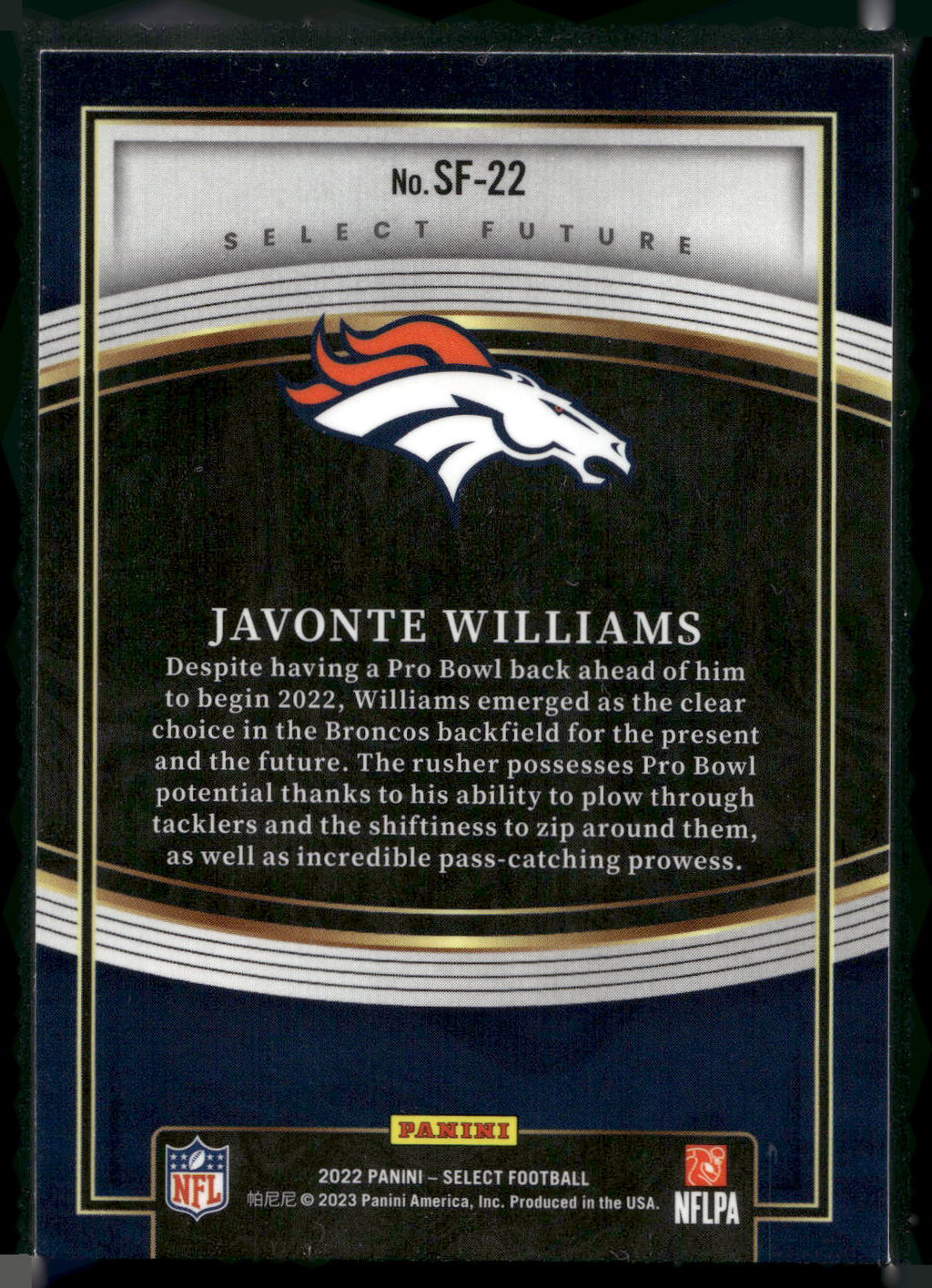 2022 Panini Select #SF-22 Javonte Williams Select Future