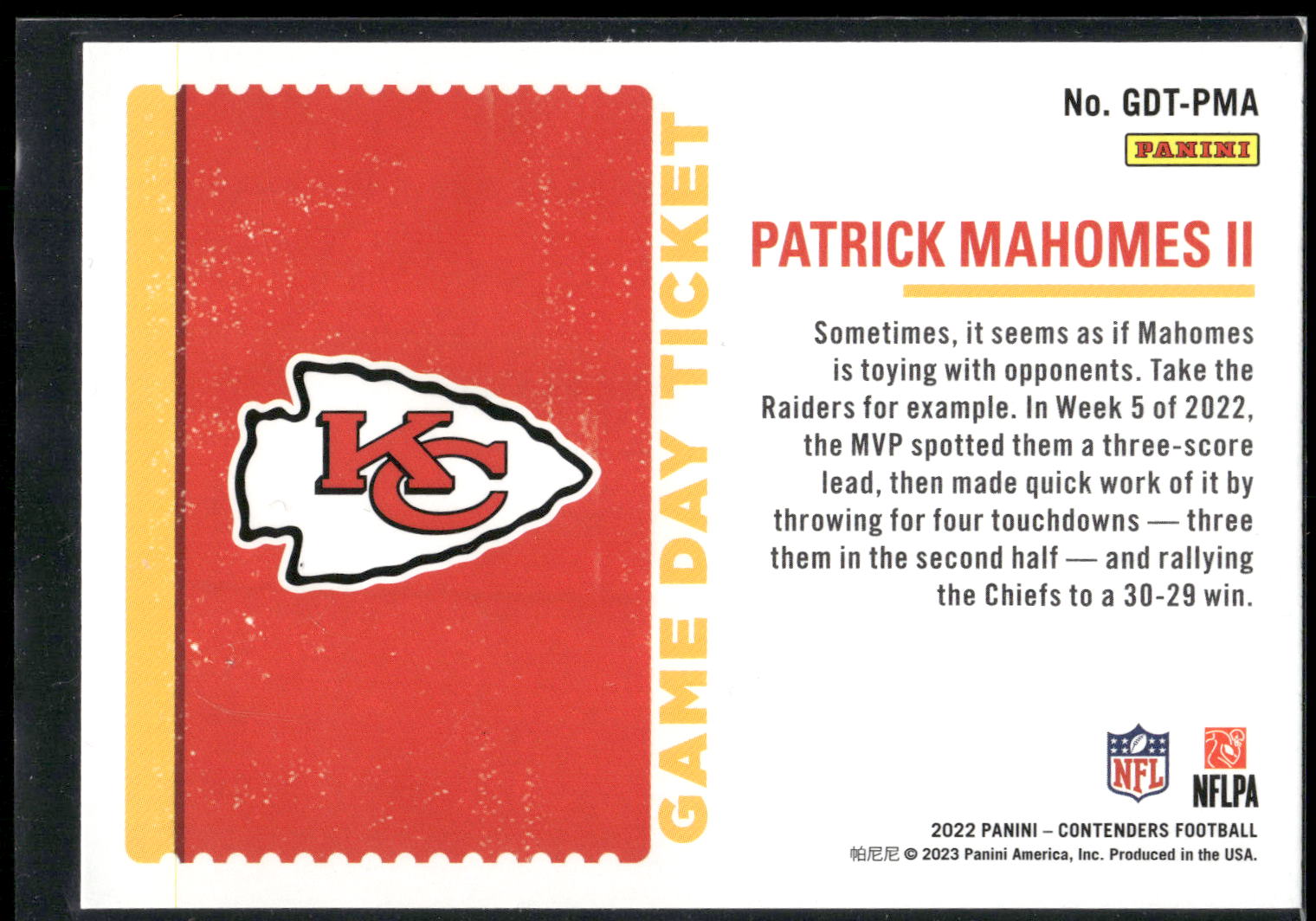 2022 Panini Contenders - Game Day Ticket #GDT-PMA Patrick Mahomes II