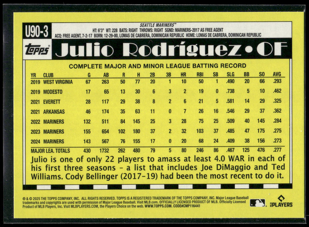 2025 Topps Update #U90-3 Julio Rodríguez 1990 Topps Baseball 35th Anniversary