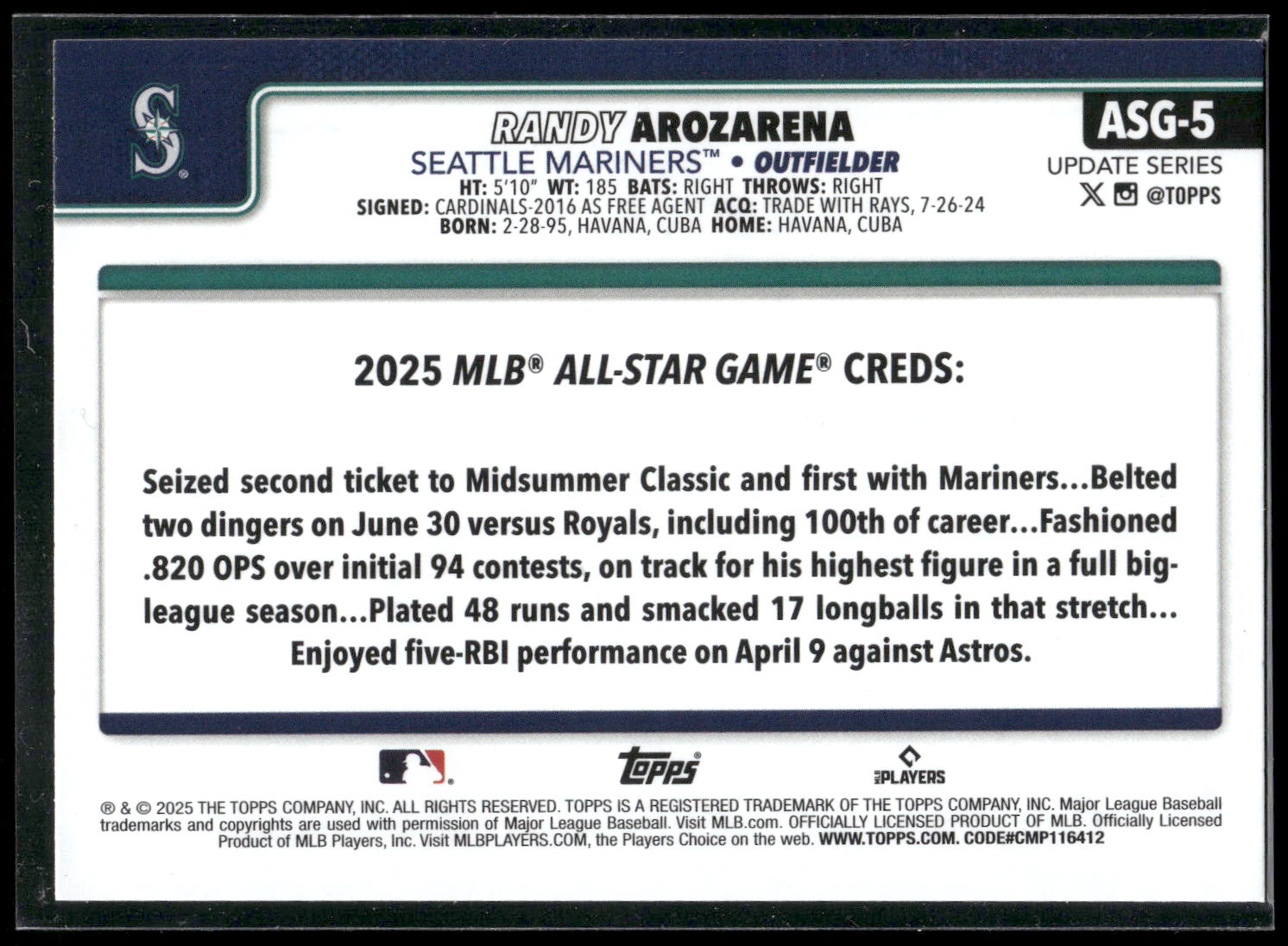2025 Topps Update #ASG-5 Randy Arozarena 2025 All-Star Game