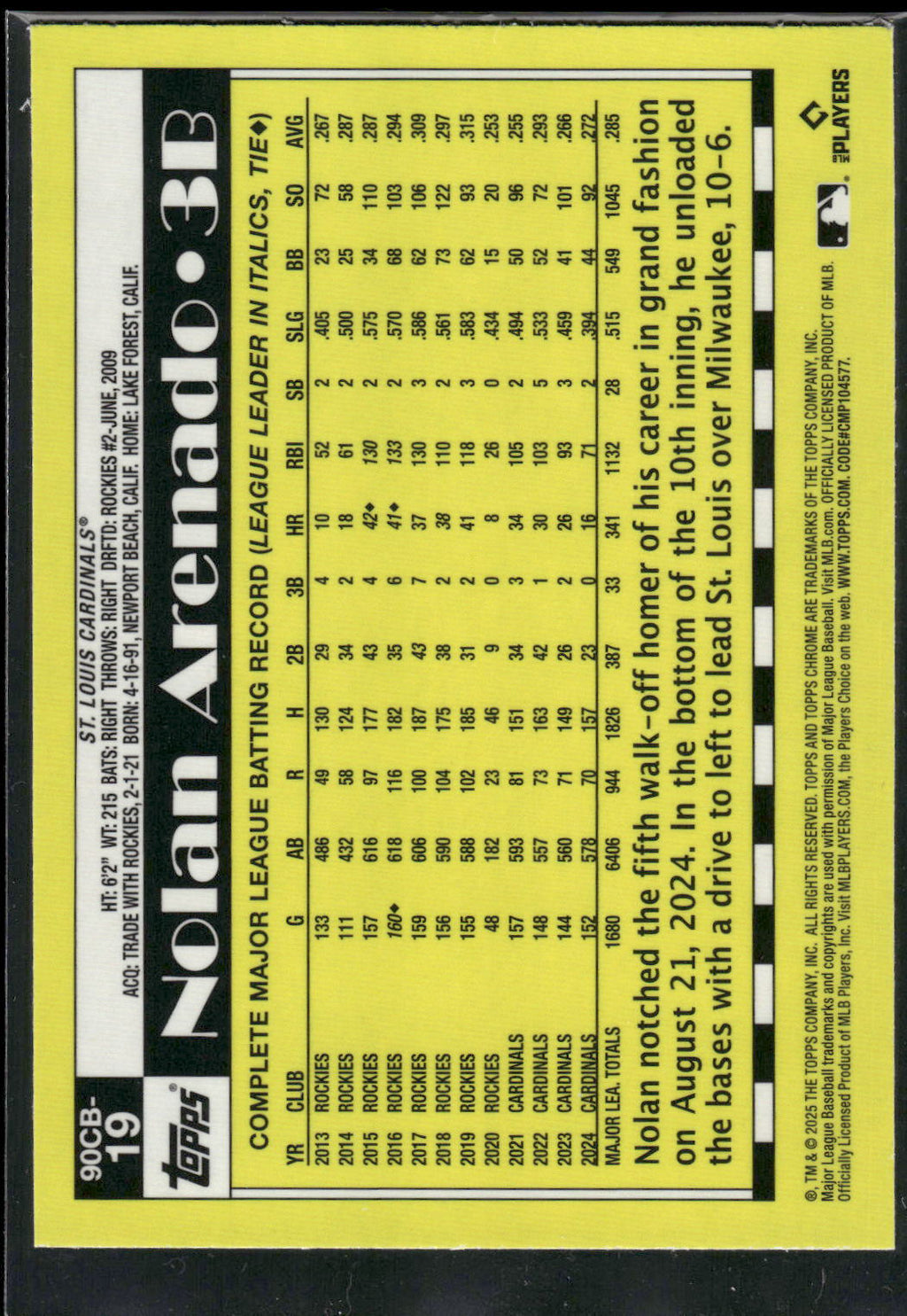 2025 Topps Chrome #90CB-19 Nolan Arenado 1990 Topps Baseball 35th Anniversary
