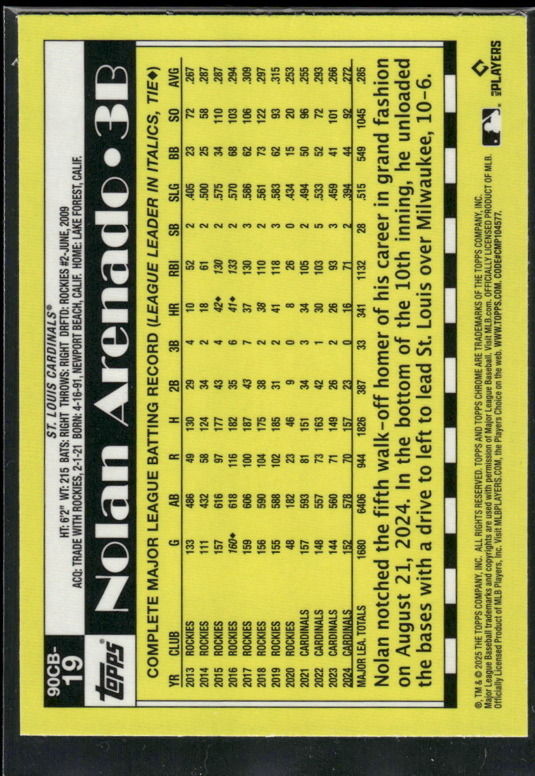 2025 Topps Chrome #90CB-19 Nolan Arenado 1990 Topps Baseball 35th Anniversary