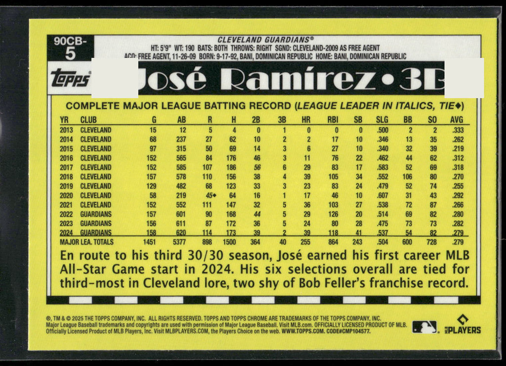 2025 Topps Chrome #90CB-5 Jose Ramirez 1990 Topps Baseball 35th Anniversary