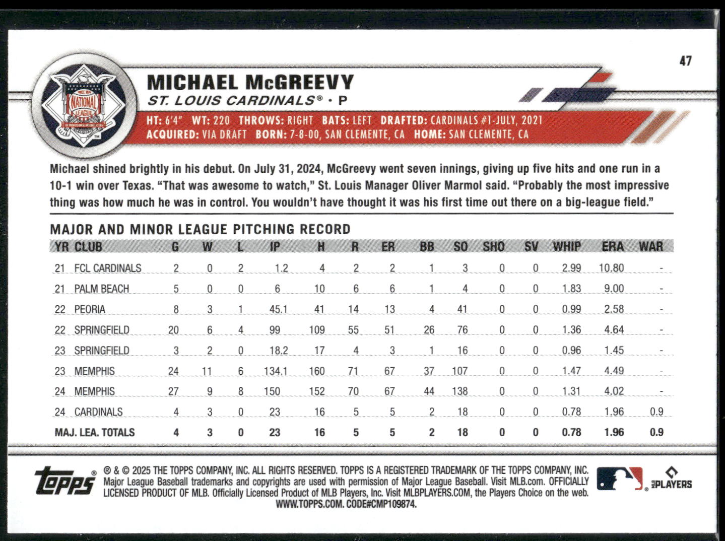2025 Topps All-Star Game #47 Michael McGreevy Rainbow Foil