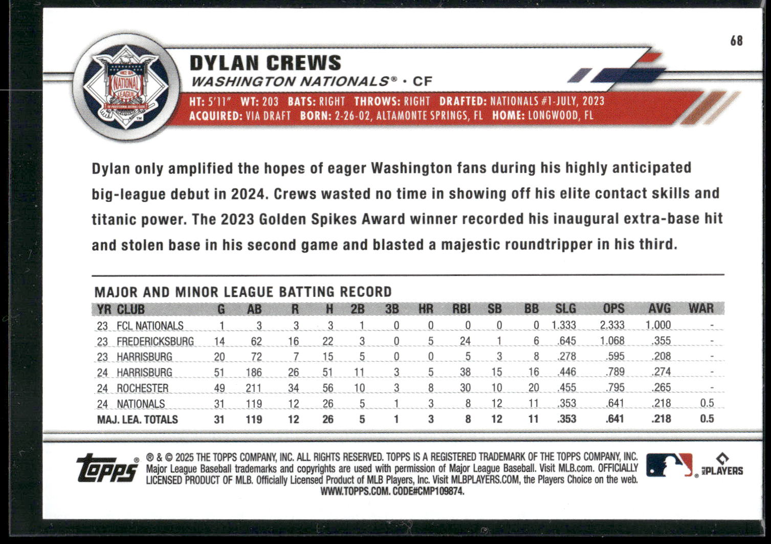 2025 Topps All-Star Game #68 Dylan Crews