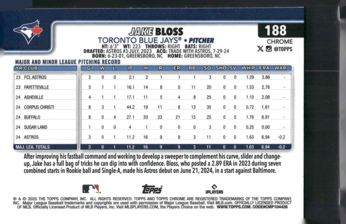 2025 Topps Chrome #188 Jake Bloss