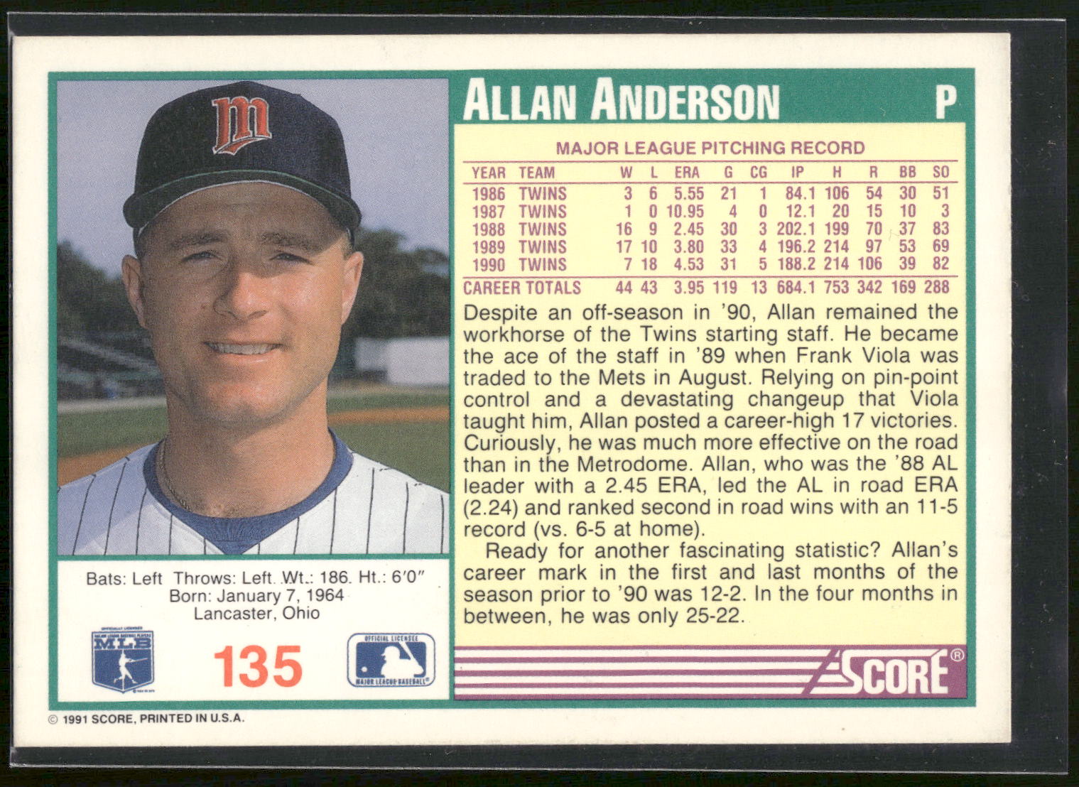 1991 Score #135 Allan Anderson