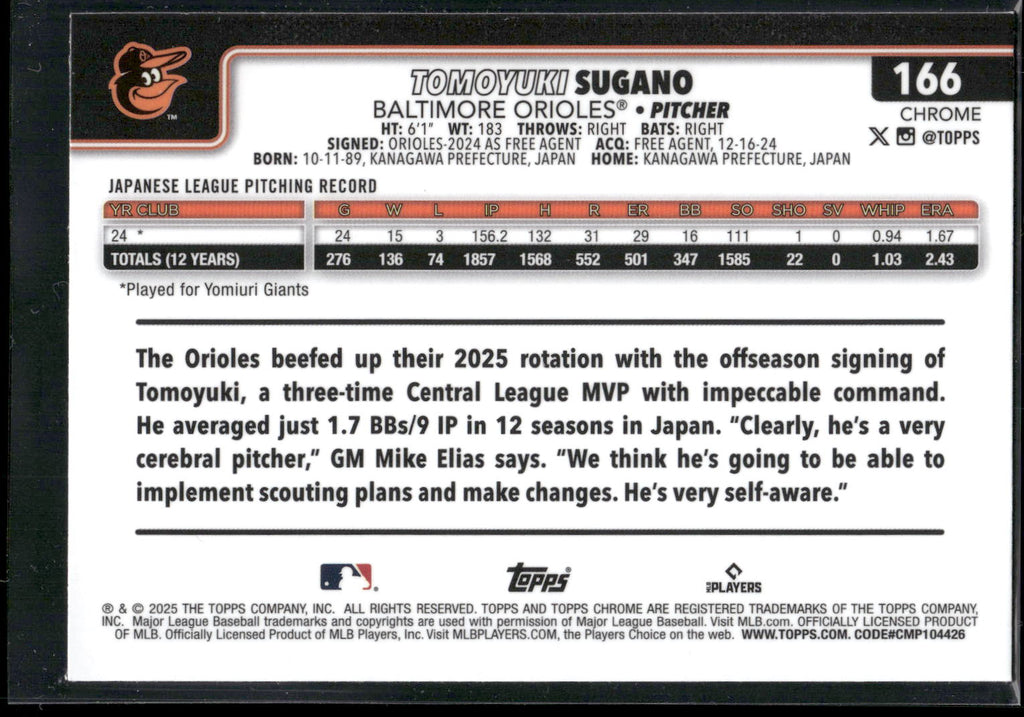 2025 Topps Chrome #166 Tomoyuki Sugano