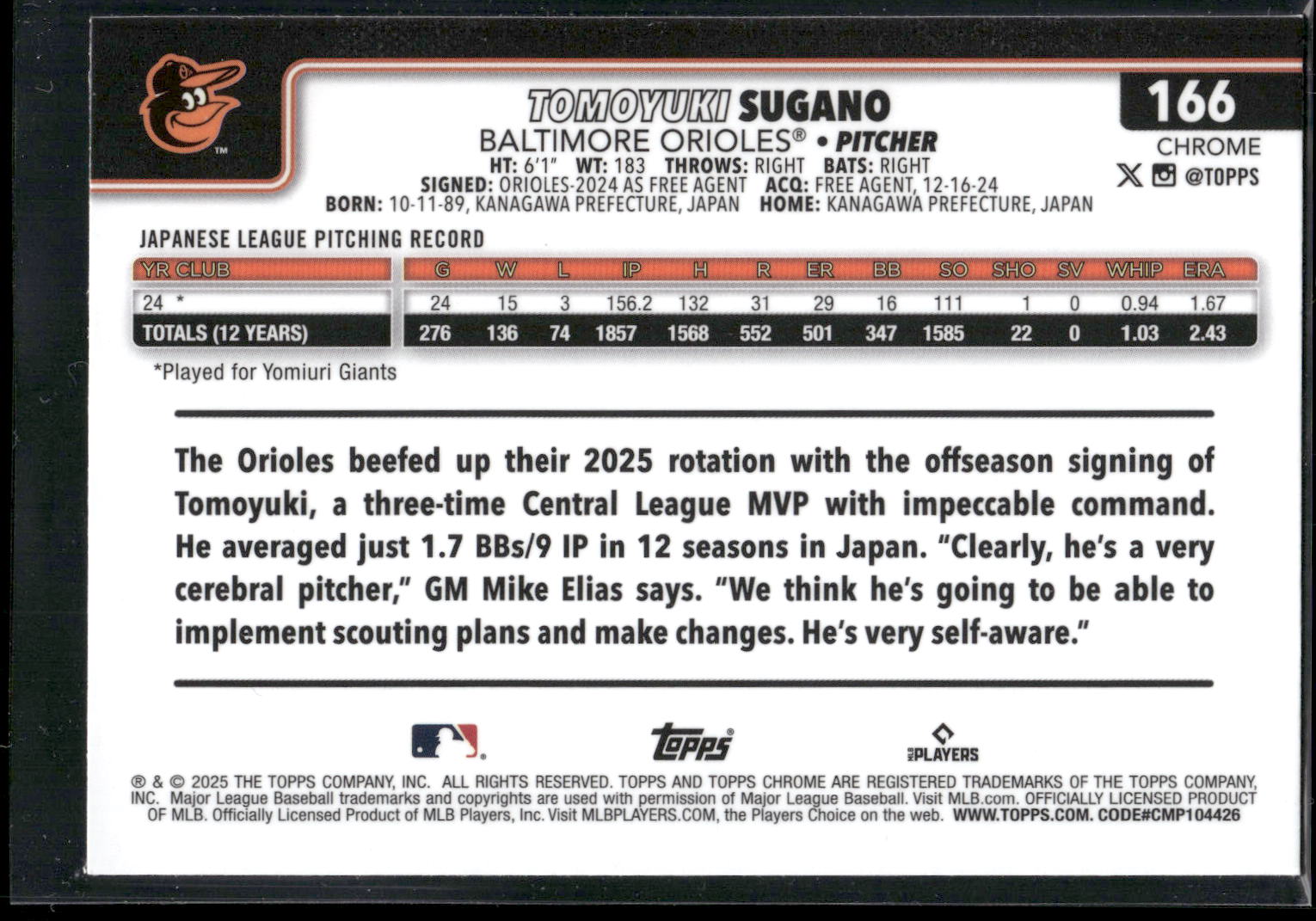 2025 Topps Chrome #166 Tomoyuki Sugano