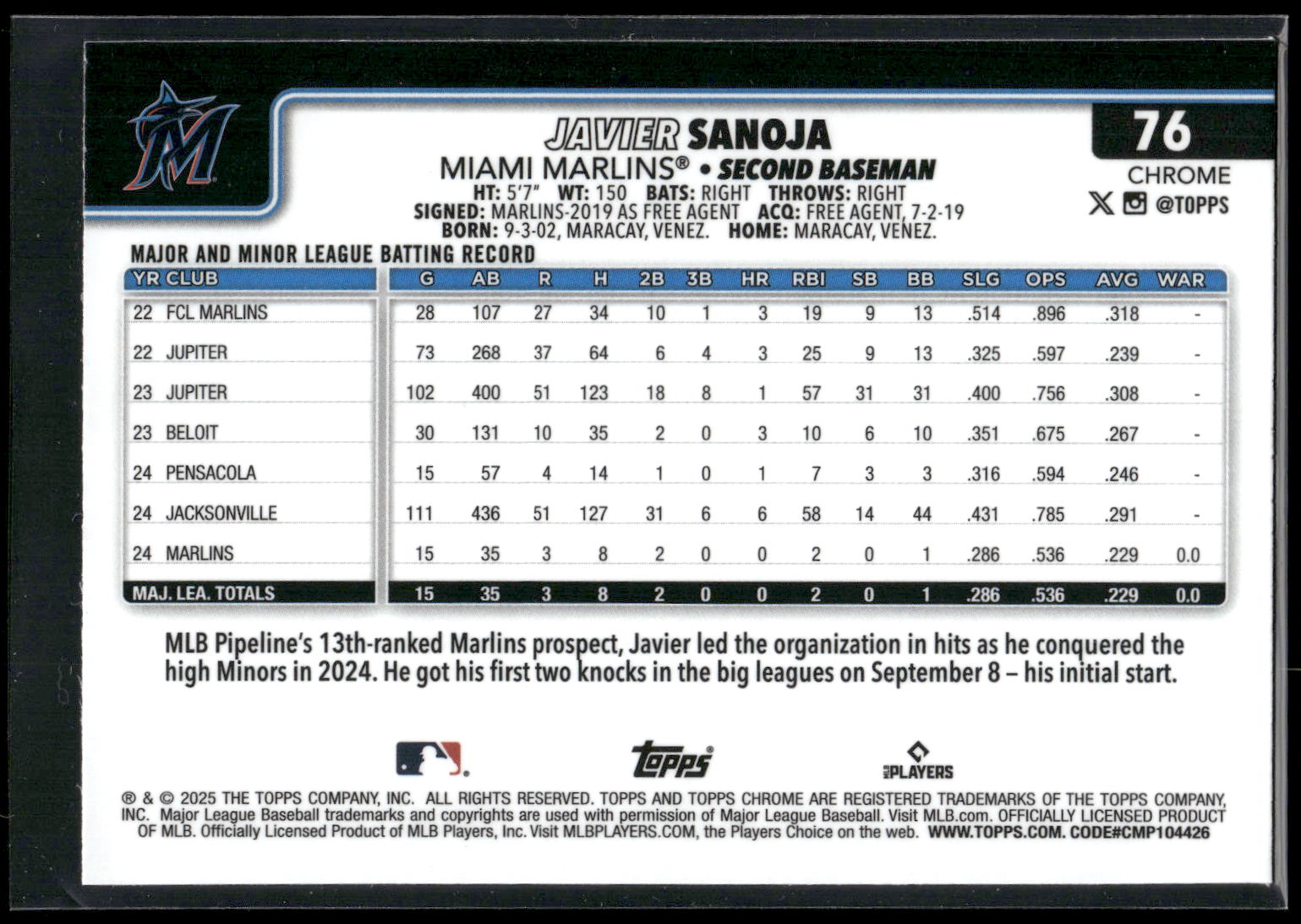 2025 Topps Chrome #76 Javier Sanoja