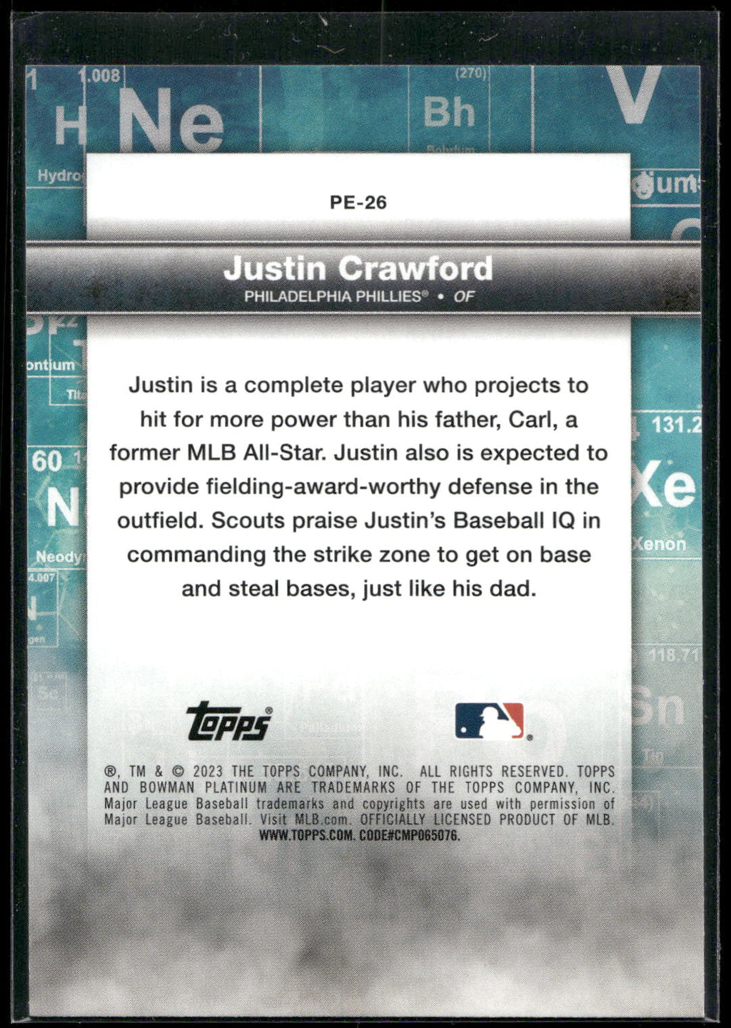 2023 Bowman Platinum #PE-26 Justin Crawford Precious Elements