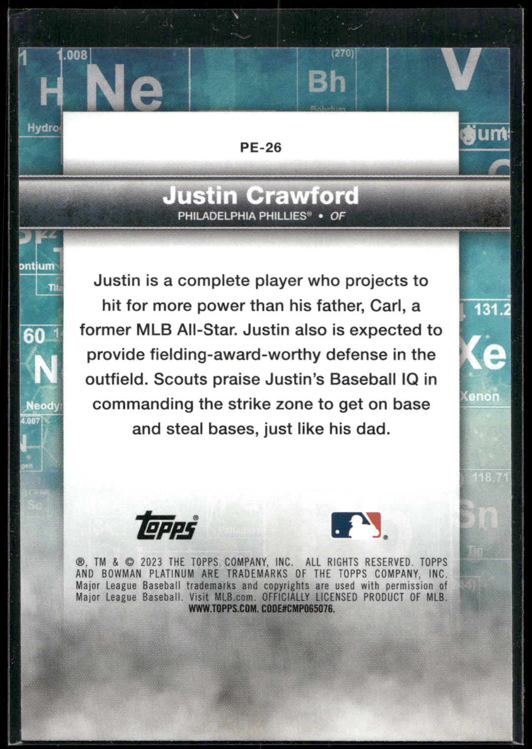 2023 Bowman Platinum #PE-26 Justin Crawford Precious Elements