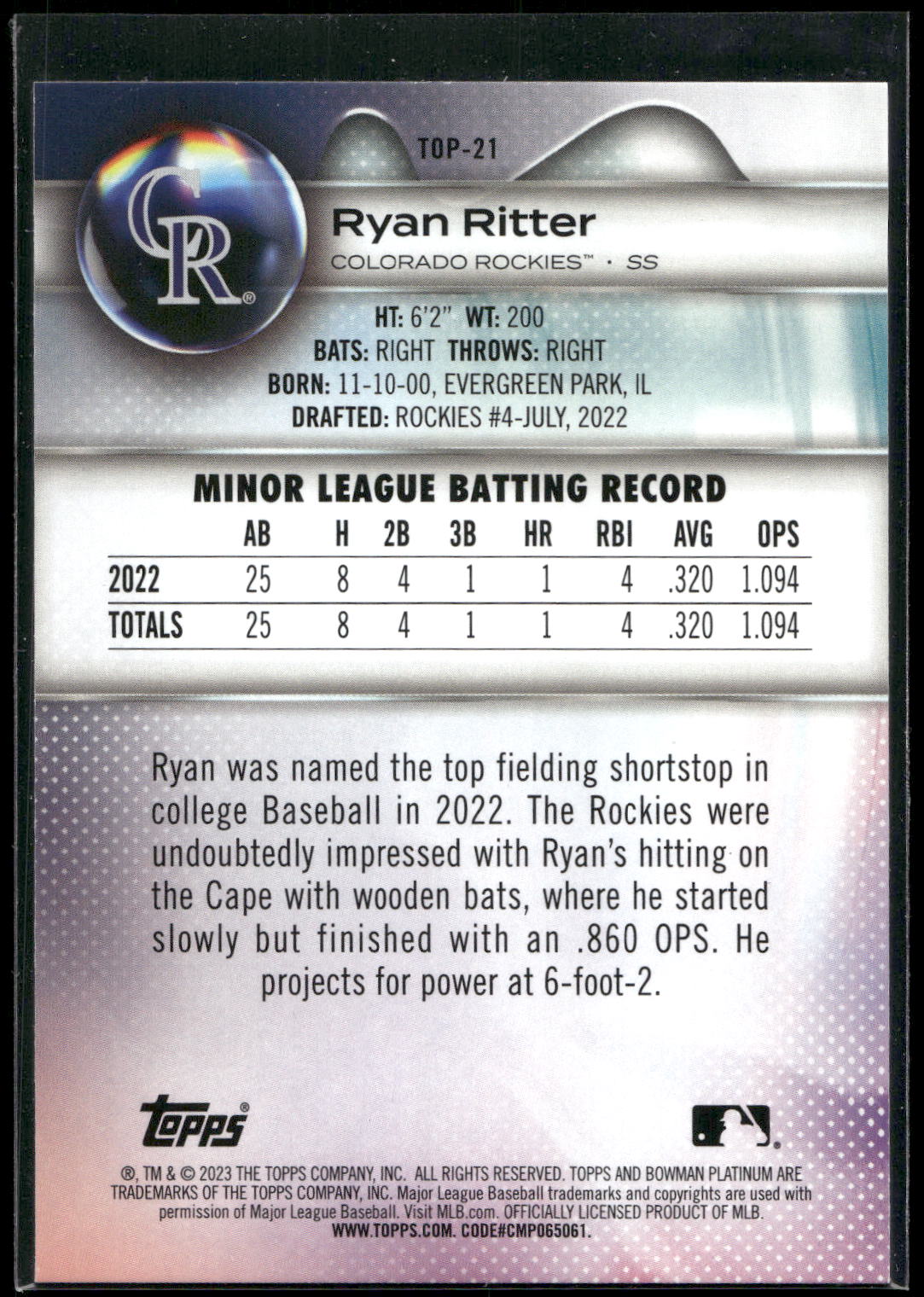 2023 Bowman Platinum #TOP-21 Ryan Ritter Top Prospects