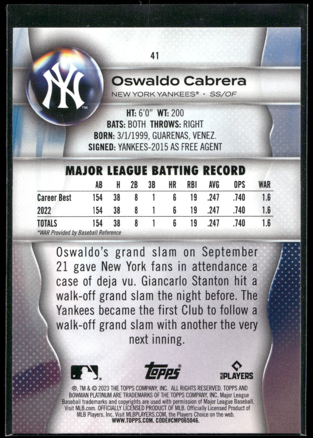 2023 Bowman Platinum #41 Oswaldo Cabrera