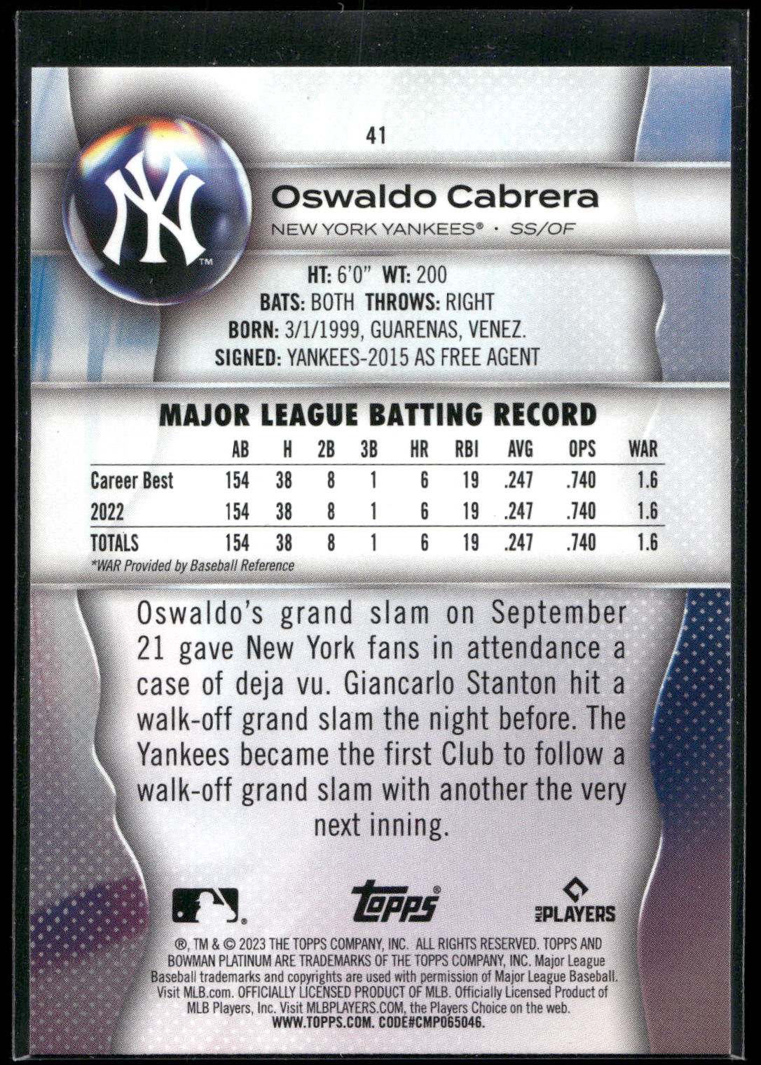 2023 Bowman Platinum #41 Oswaldo Cabrera