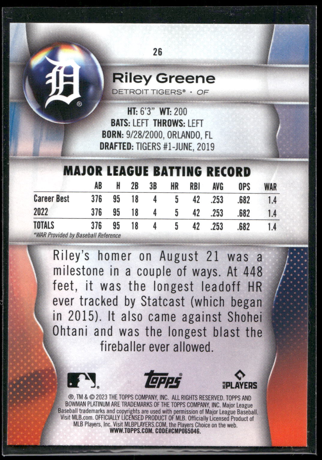 2023 Bowman Platinum #26 Riley Greene