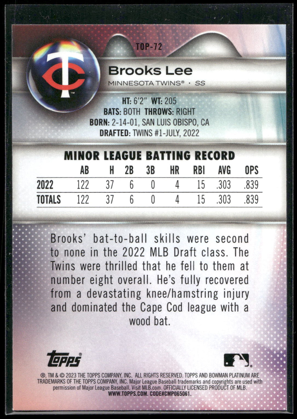 2023 Bowman Platinum #TOP-72 Brooks Lee Top Prospects