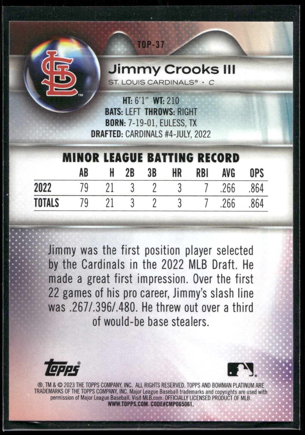 2023 Bowman Platinum #TOP-37 Jimmy Crooks III Top Prospects