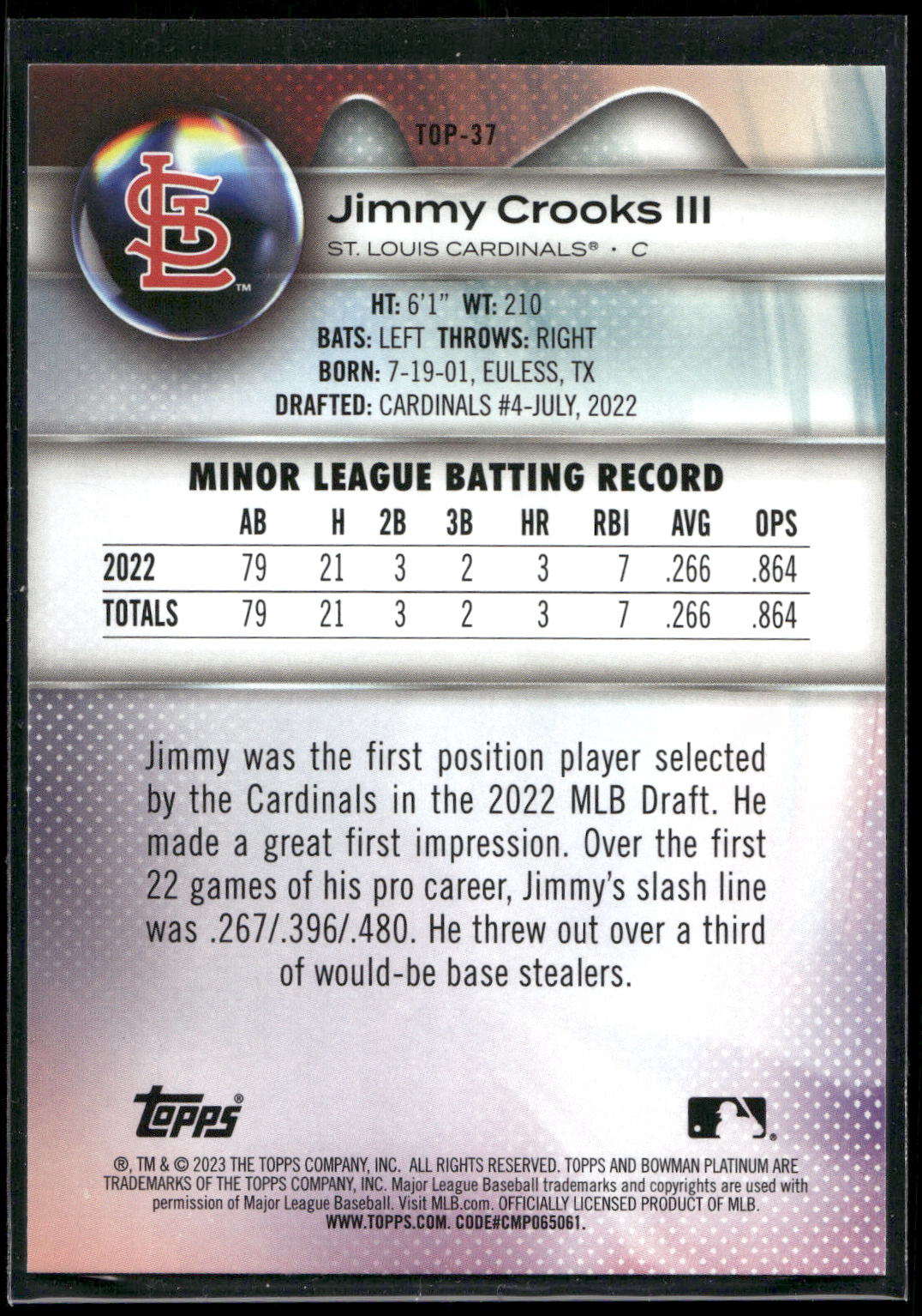 2023 Bowman Platinum #TOP-37 Jimmy Crooks III Top Prospects