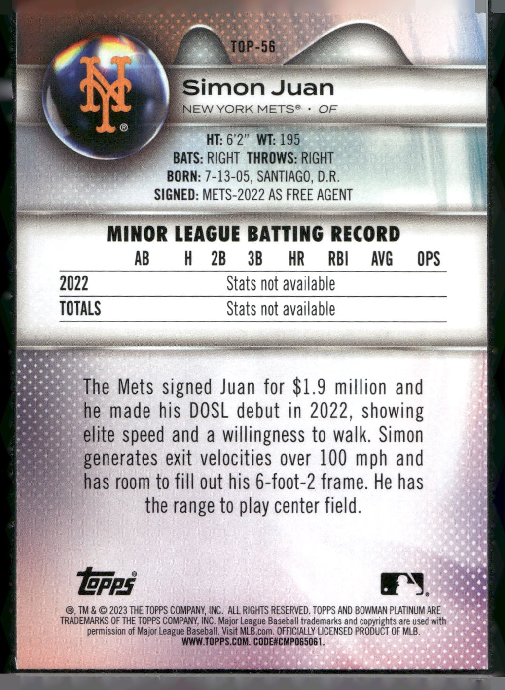2023 Bowman Platinum #TOP-56 Simon Juan Top Prospects