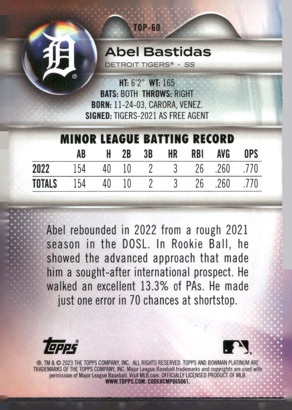 2023 Bowman Platinum #TOP-60 Abel Bastidas Top Prospects