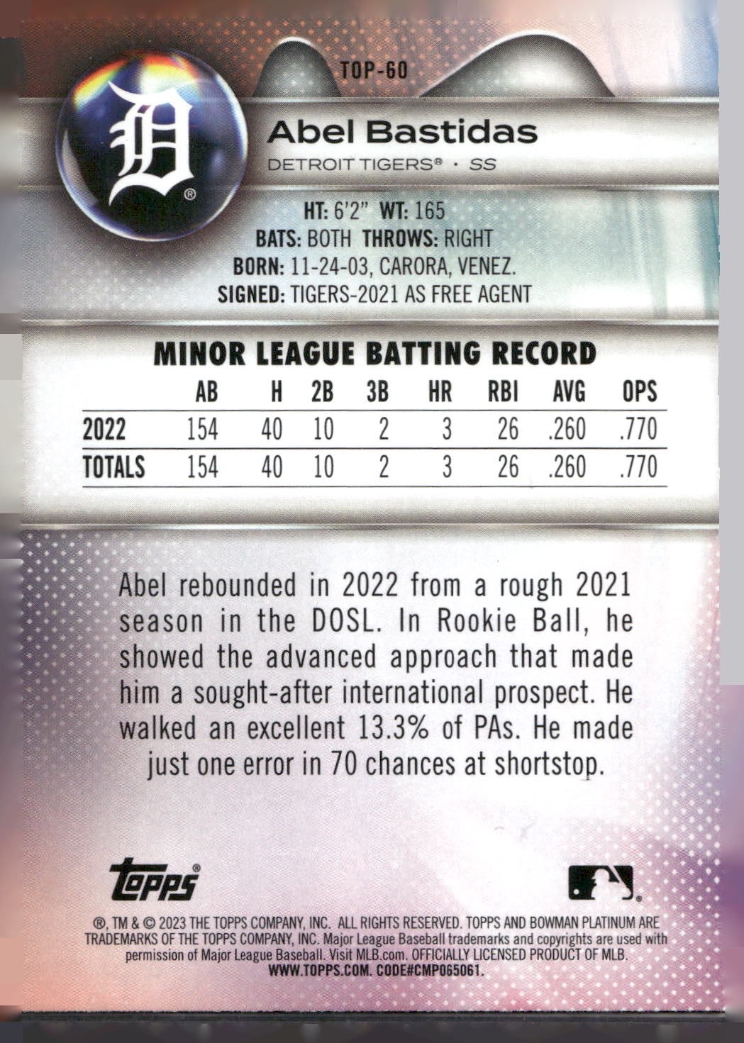 2023 Bowman Platinum #TOP-60 Abel Bastidas Top Prospects