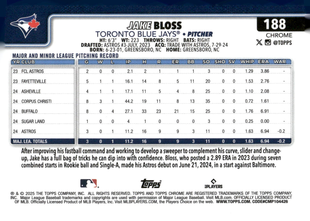 2025 Topps Chrome #188 Jake Bloss Sepia Refractor