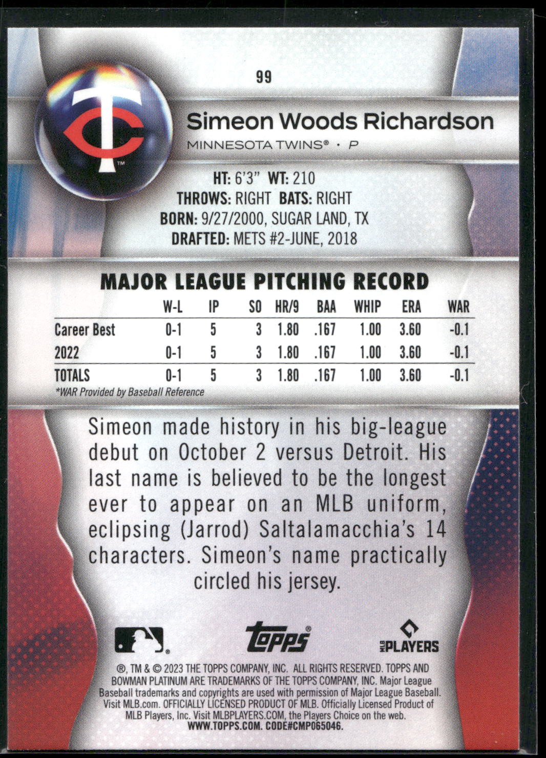 2023 Bowman Platinum #99 Simeon Woods Richardson