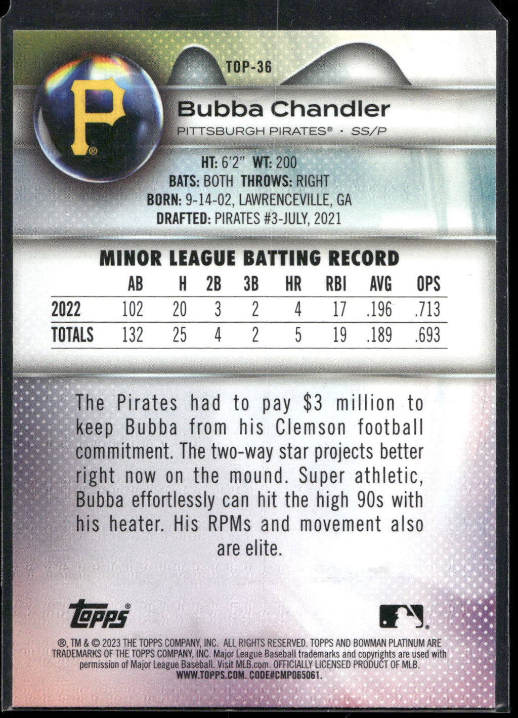2023 Bowman Platinum #TOP-36 Bubba Chandler Top Prospects