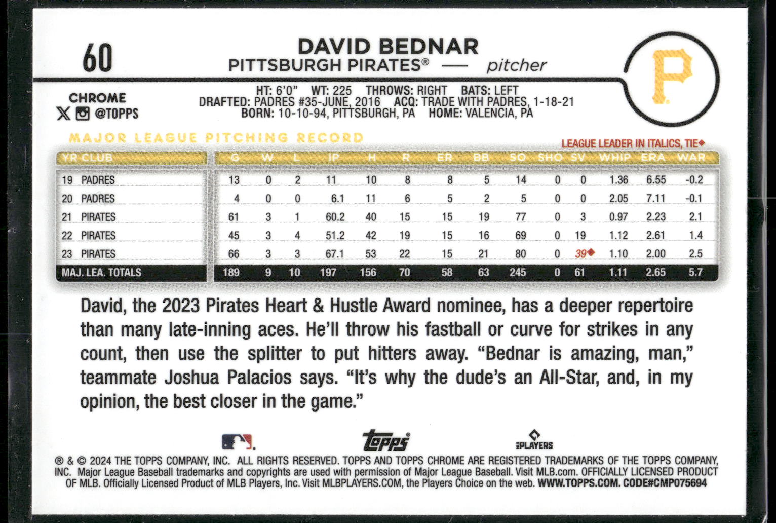 2024 Topps Chrome #60 David Bednar