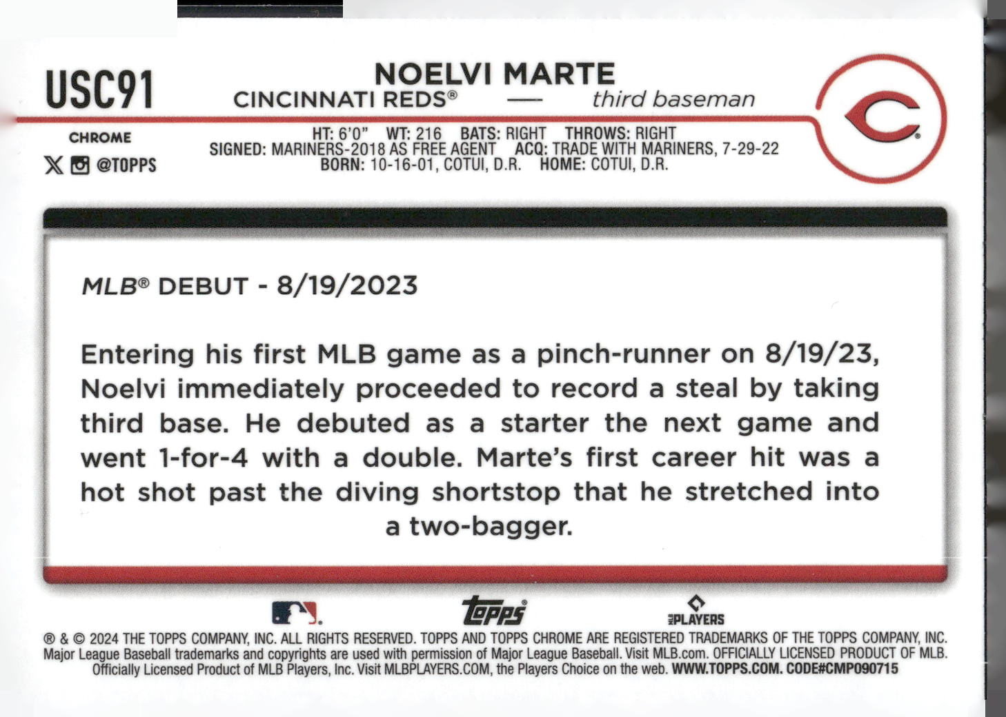 2024 Topps Chrome Update #USC91 Noelvi Marte