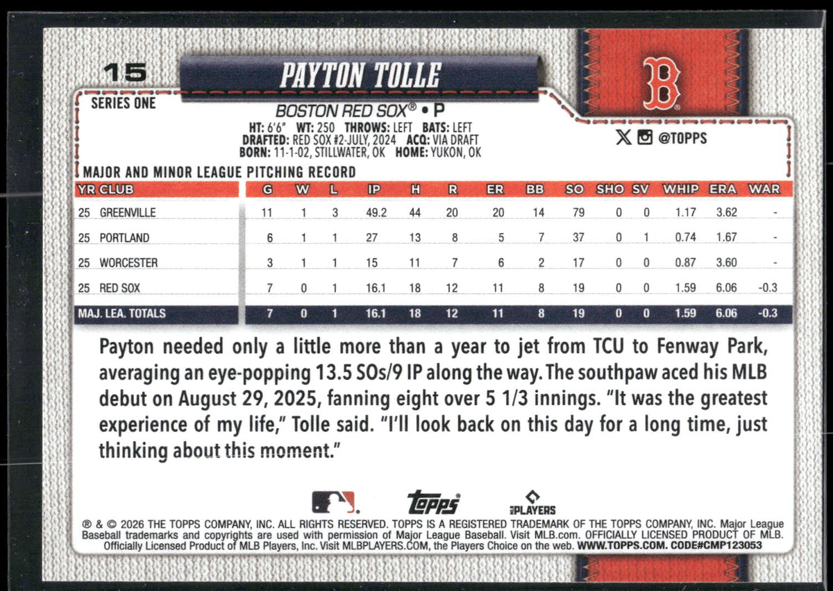 2026 Topps #15 Payton Tolle