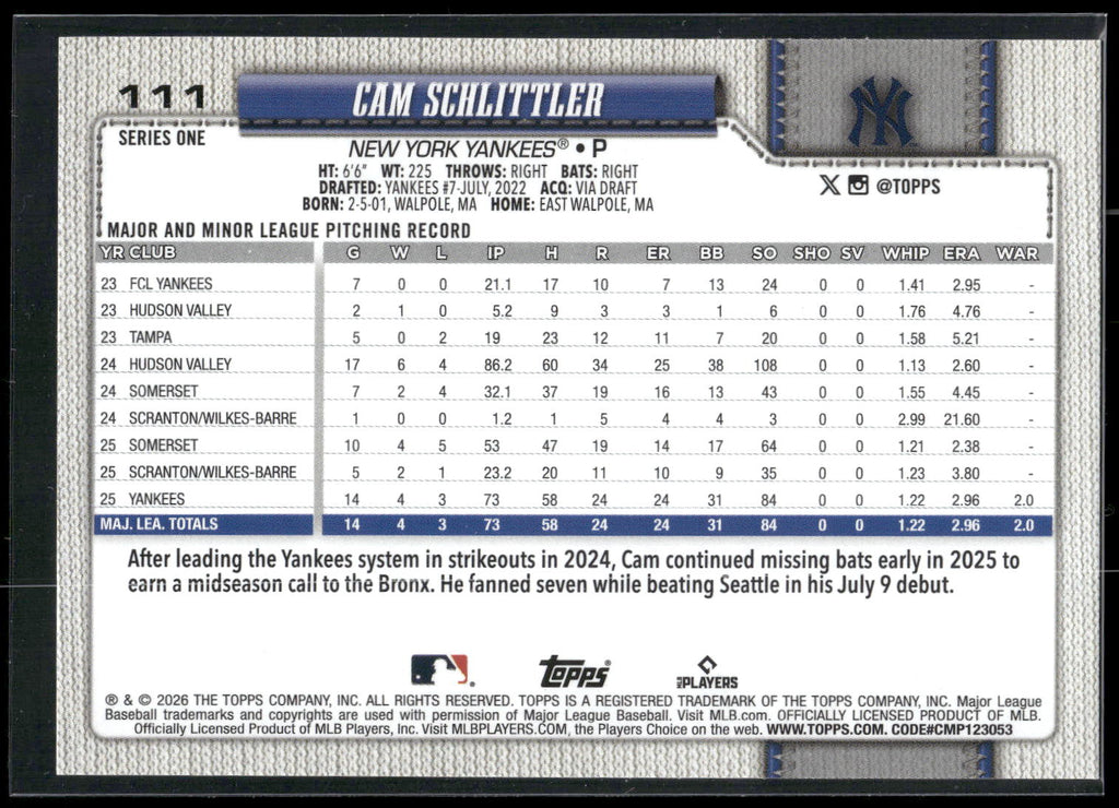2026 Topps #111 Cam Schlittler