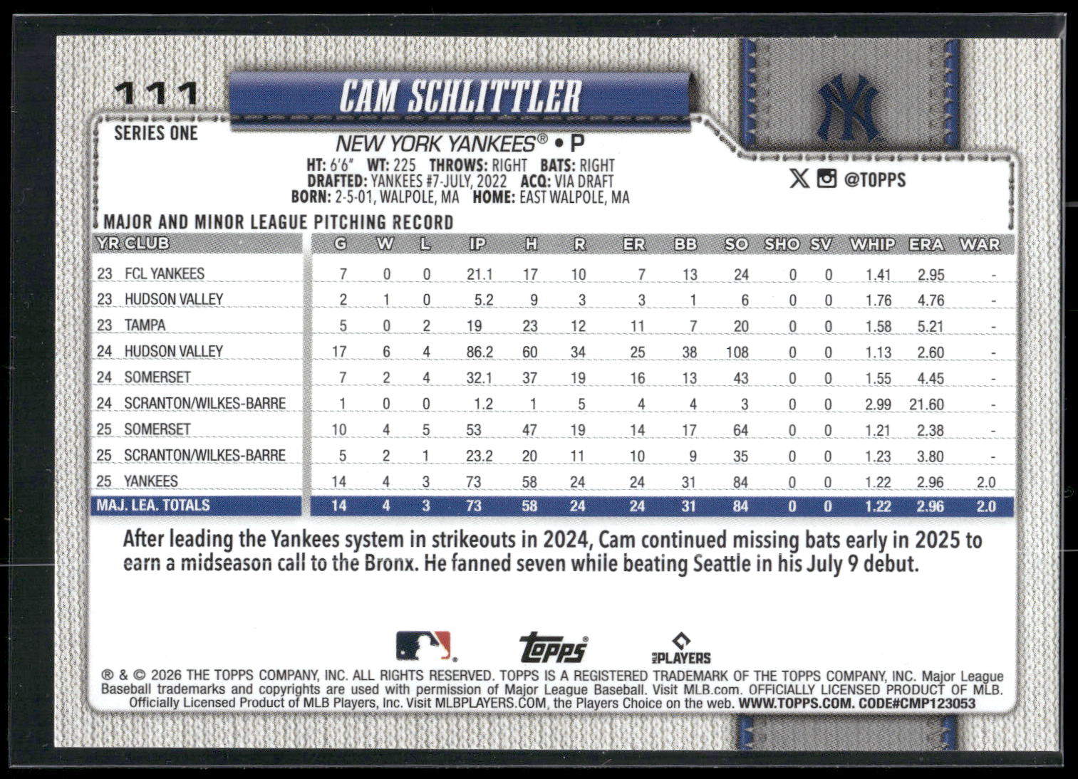 2026 Topps #111 Cam Schlittler