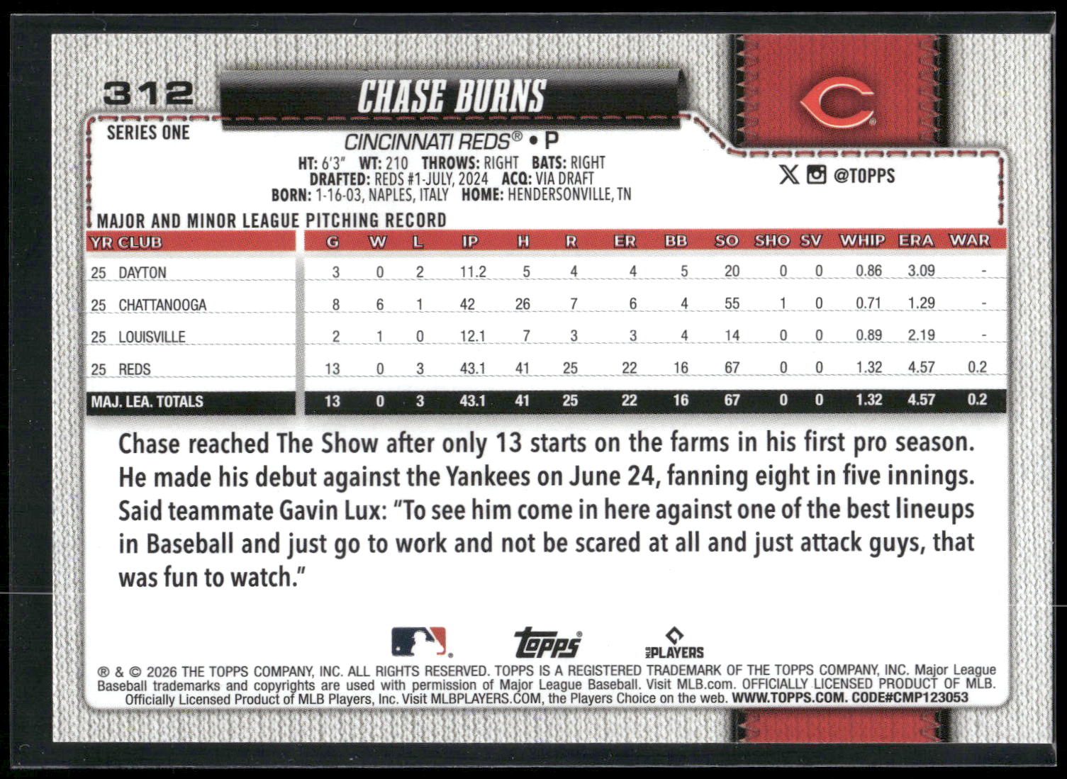 2026 Topps #312 Chase Burns
