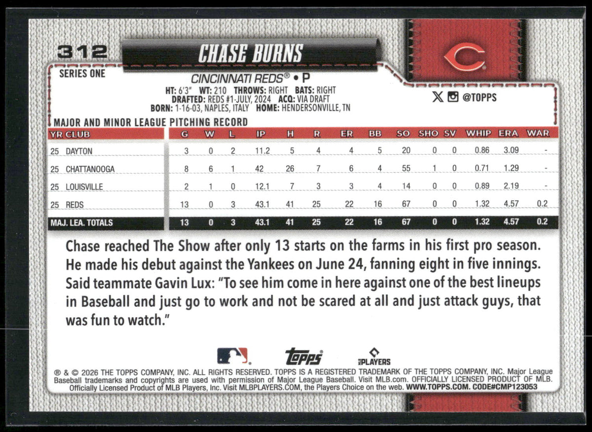 2026 Topps #312 Chase Burns