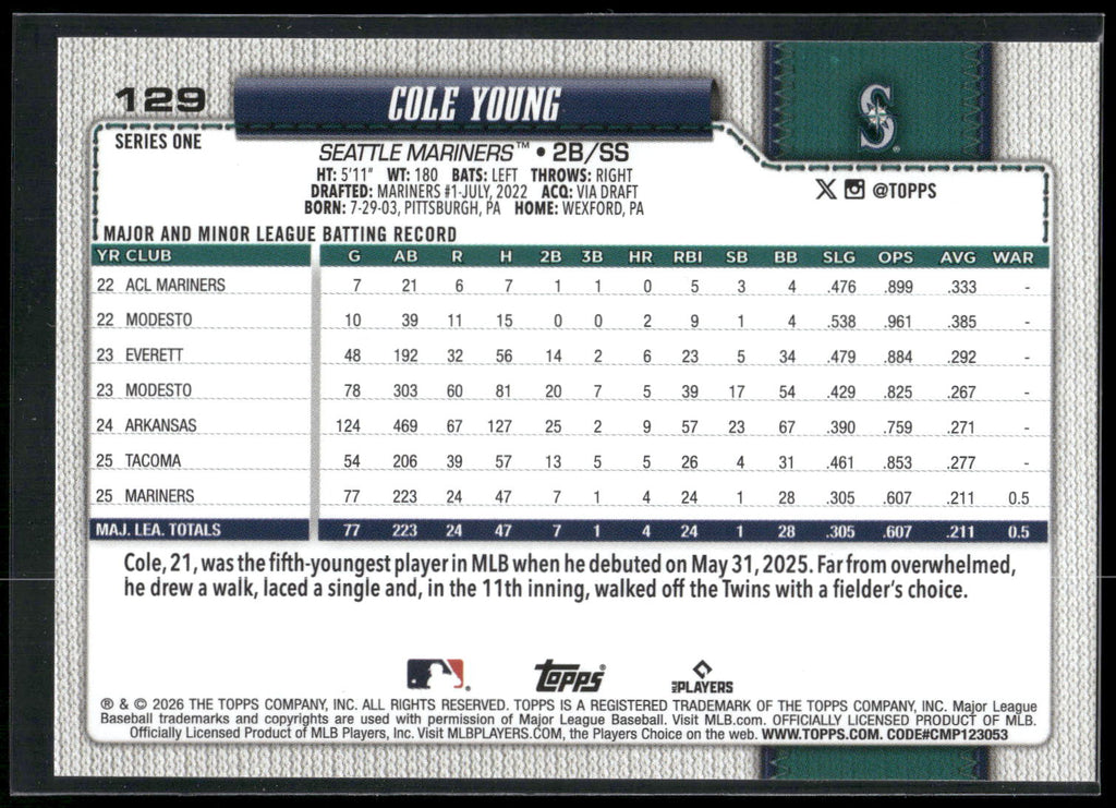 2026 Topps #129 Cole Young