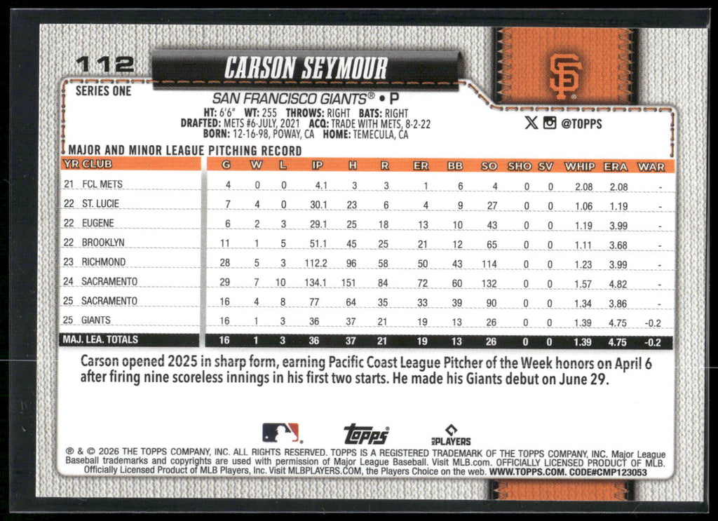 2026 Topps #112 Carson Seymour