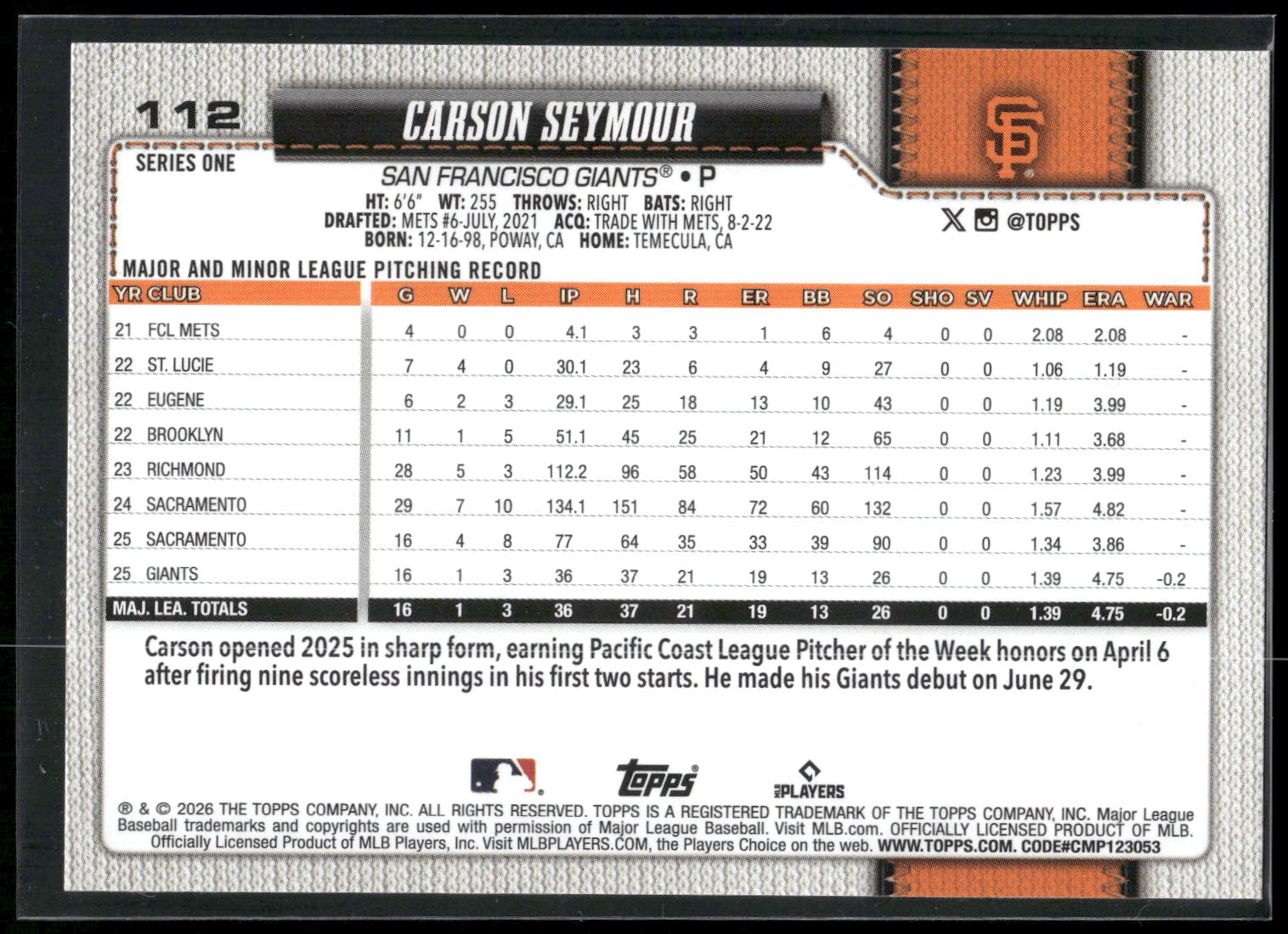 2026 Topps #112 Carson Seymour