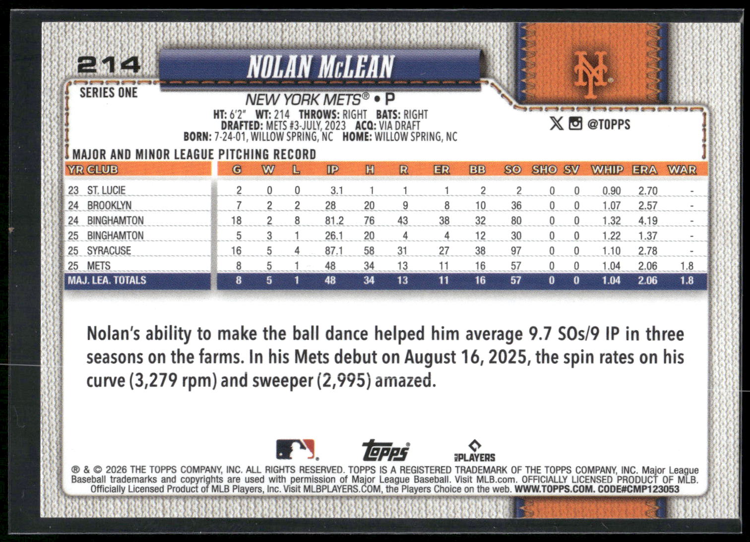 2026 Topps #214 Nolan McLean