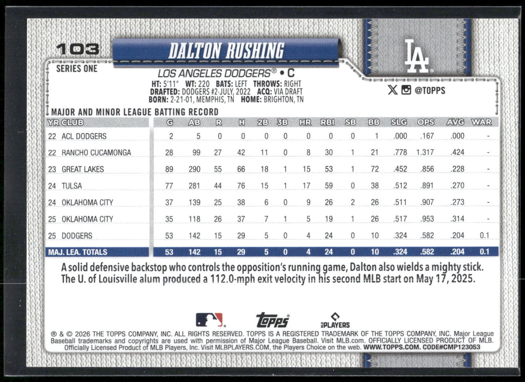 2026 Topps #103 Dalton Rushing