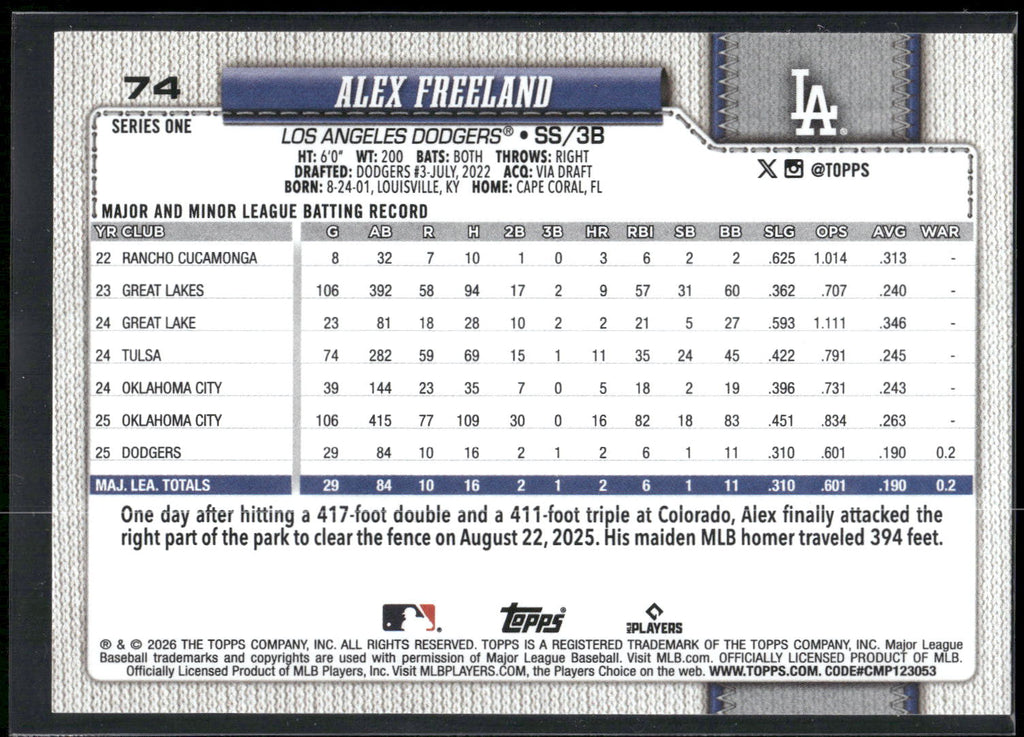 2026 Topps #74 Alex Freeland