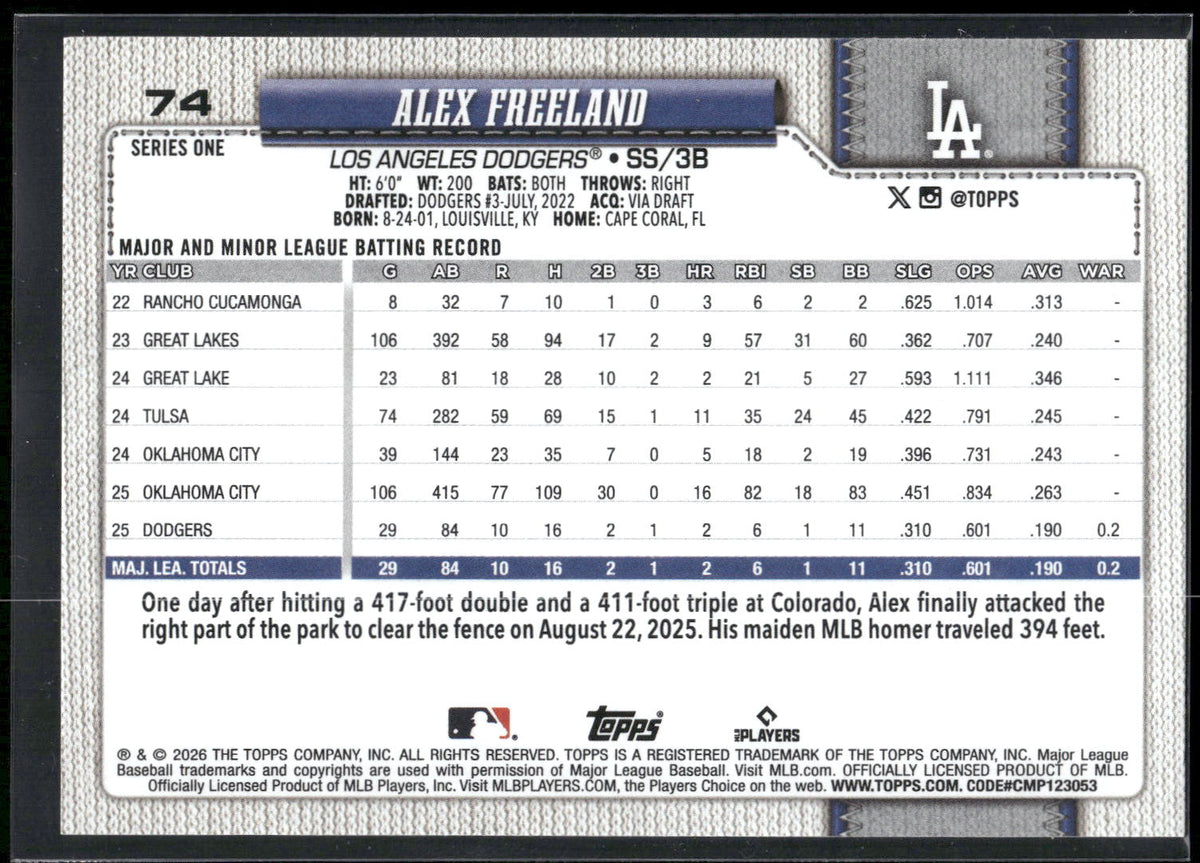 2026 Topps #74 Alex Freeland