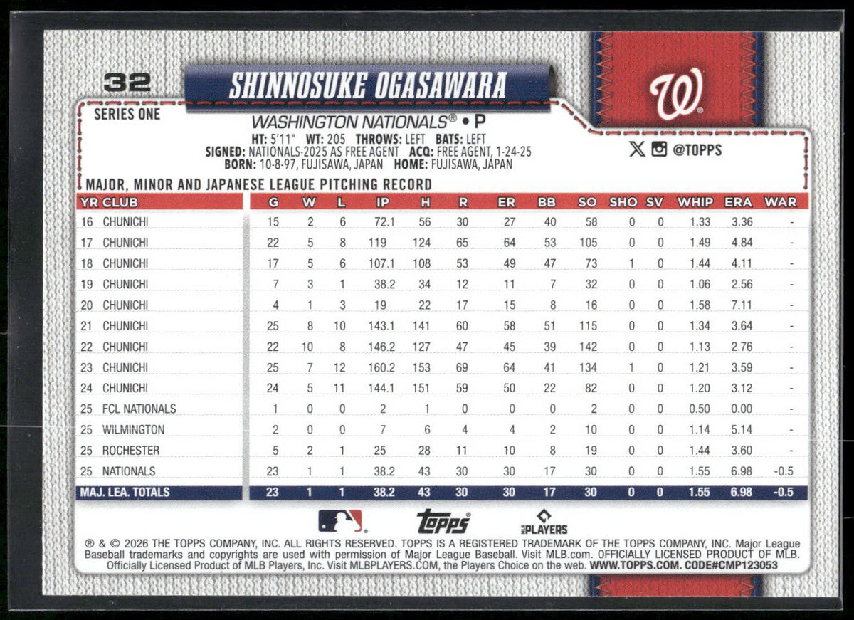 2026 Topps #32 Shinnosuke Ogasawara